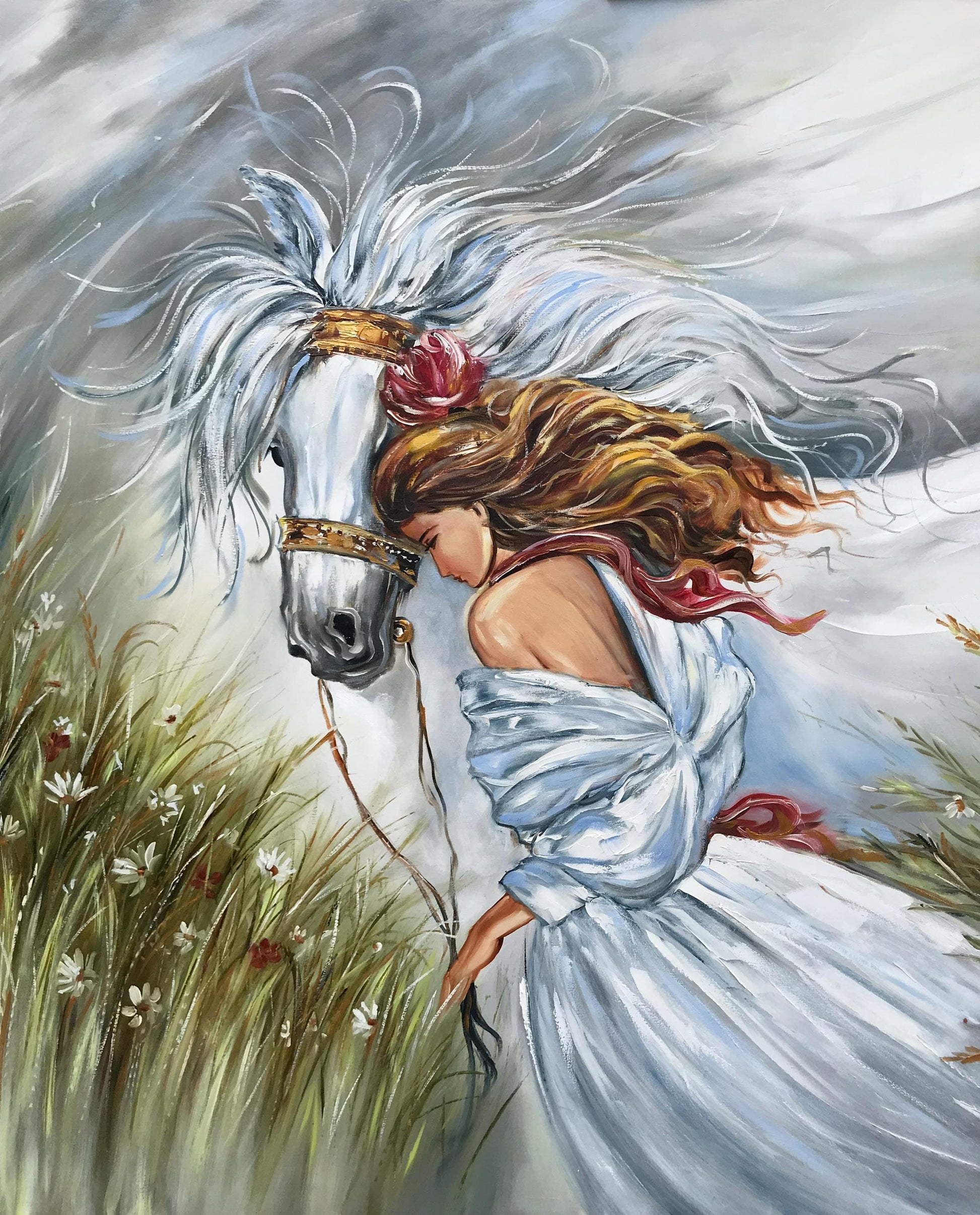 Close-up detail of handmade oil painting showing woman's white dress and horse in lush green field