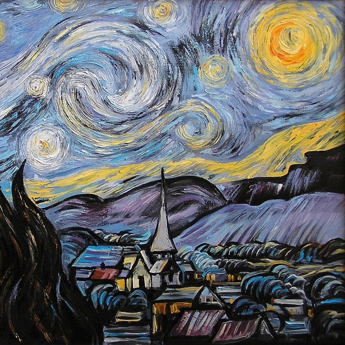 Close-up of textured impasto brushstrokes on Starry Night Van Gogh style painting
