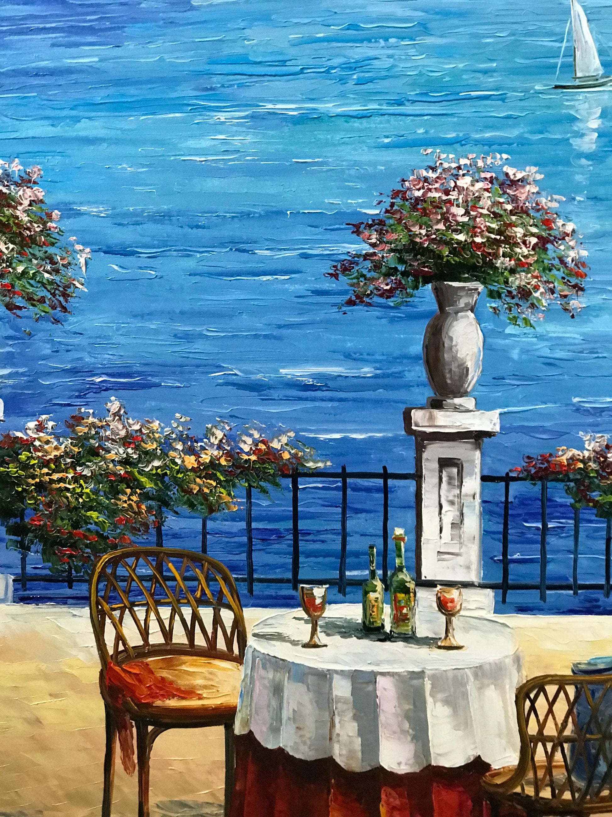 Close-up textured brushwork detail of Sorrento coastal painting