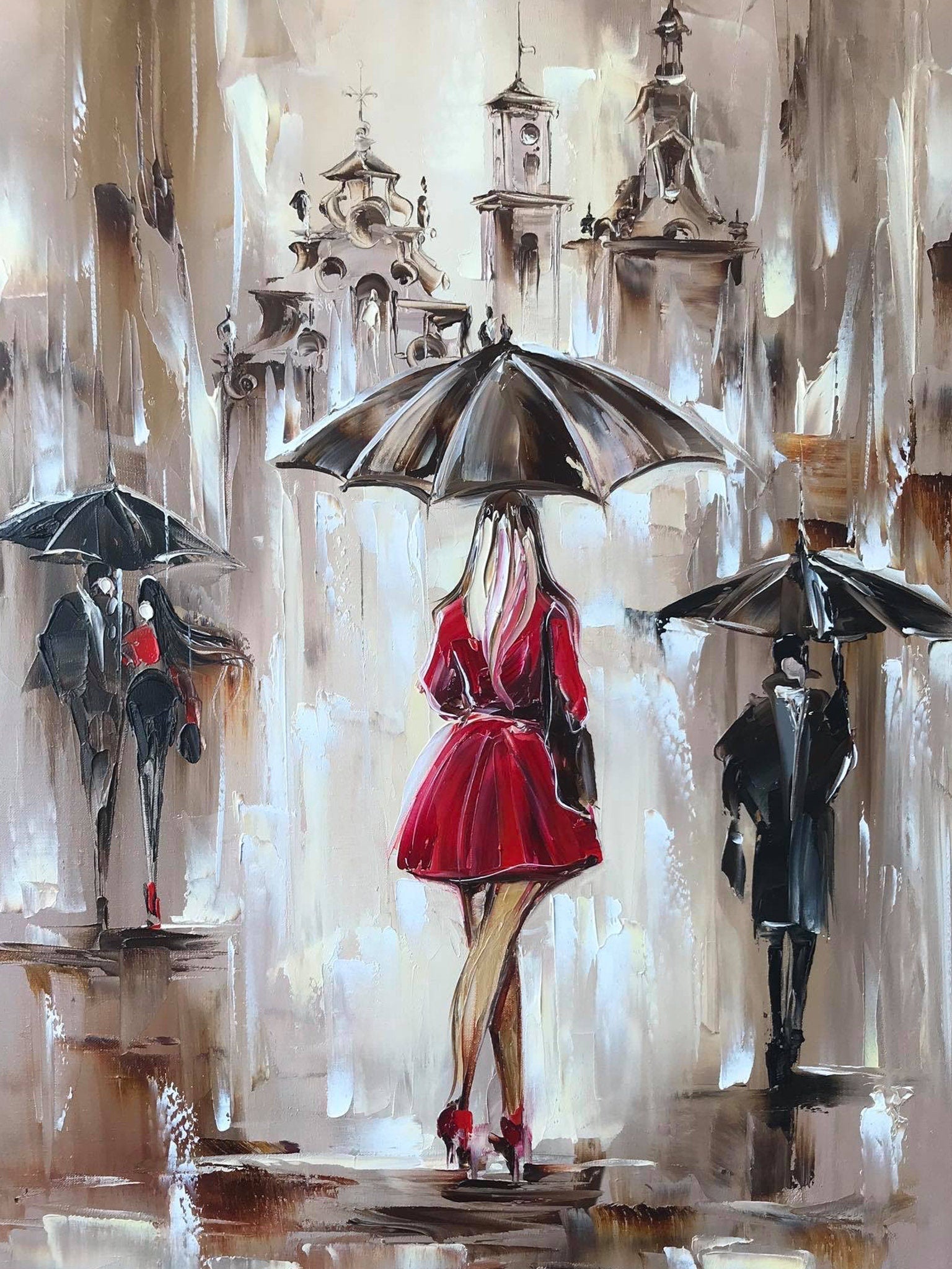 Close-up textured brushwork detail of red dress and rain reflections