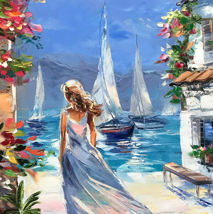 Close-up textured brushwork detail of sailboats and coastal florals 