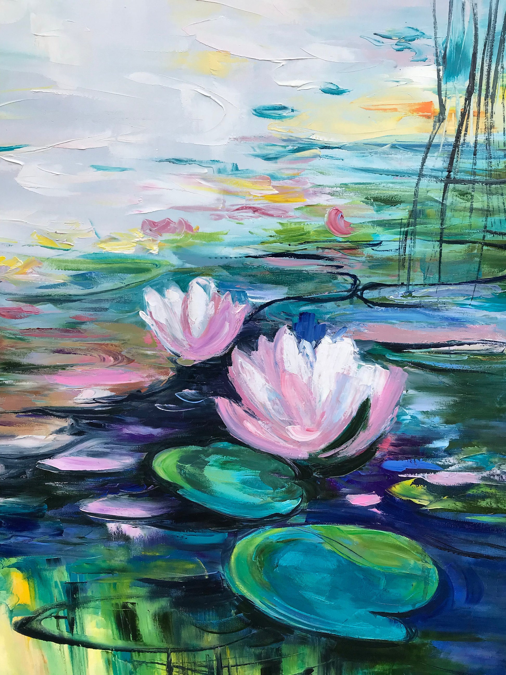 Close up brushstroke detail of Monet style water lily oil painting