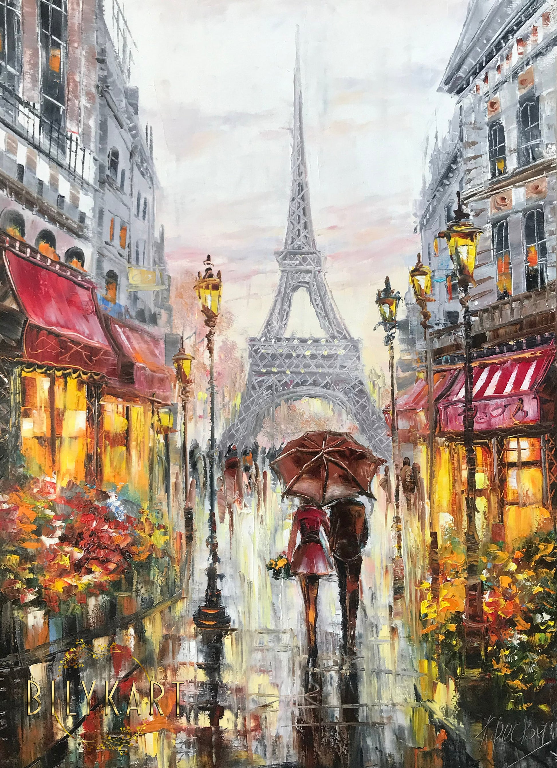 Couple Walking in Paris Oil Painting, Painy Day Art, Loe Romantic Painting, COuple under Red Umbrella Artwork
