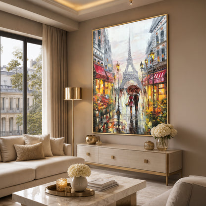 Couple in Paris painting displayed in romantic living room