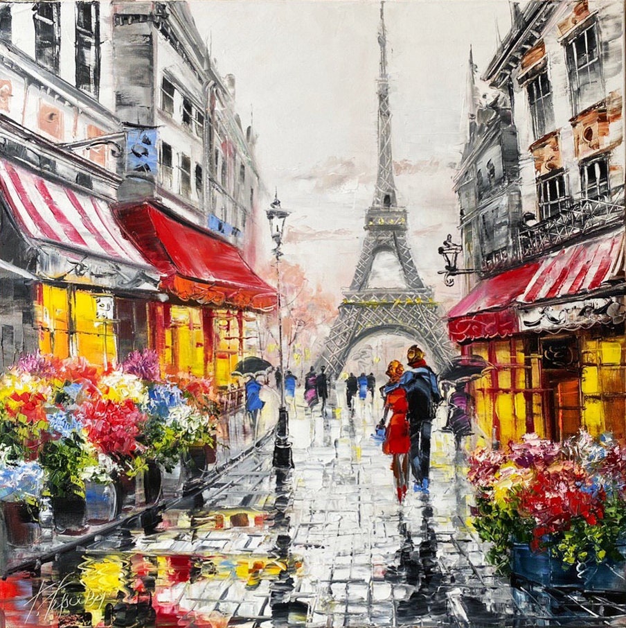 Couple walking in Paris oil painting original canvas art