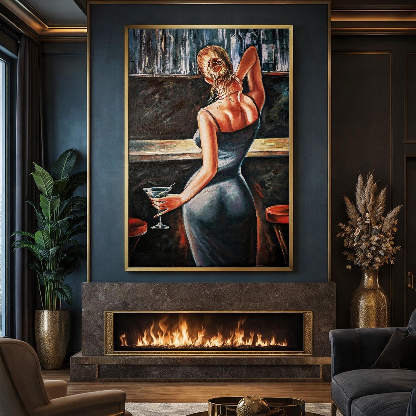 Elegant Lady at Bar Painting Cocktail Wall Art Contemporary Oil Canvas