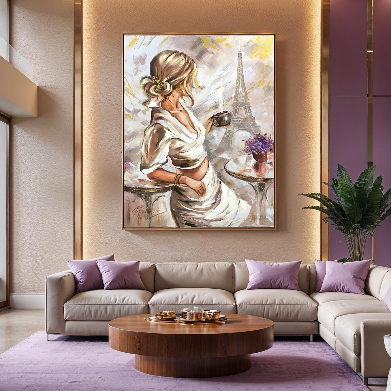 Elegant lady drinking coffee wall art Parisian painting