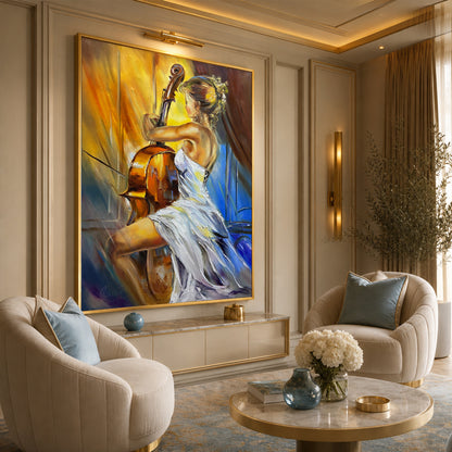 Elegant woman playing cello original oil painting, classical wall art