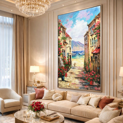 Framed Italian street scene painting ready to hang wall art