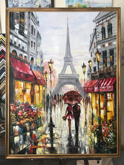Framed Paris couple painting with gold frame, ready to hang