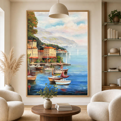Framed Portofino coastal painting with gold frame