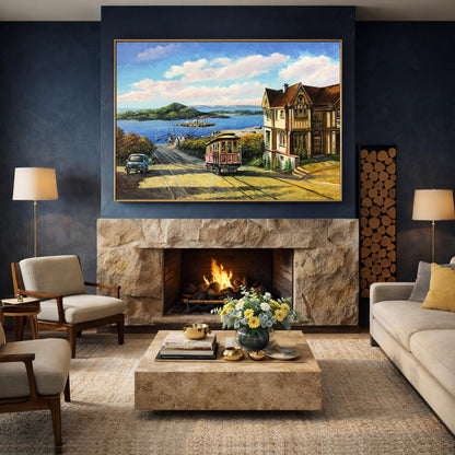 Framed San Francisco cable car painting ready to hang wall art