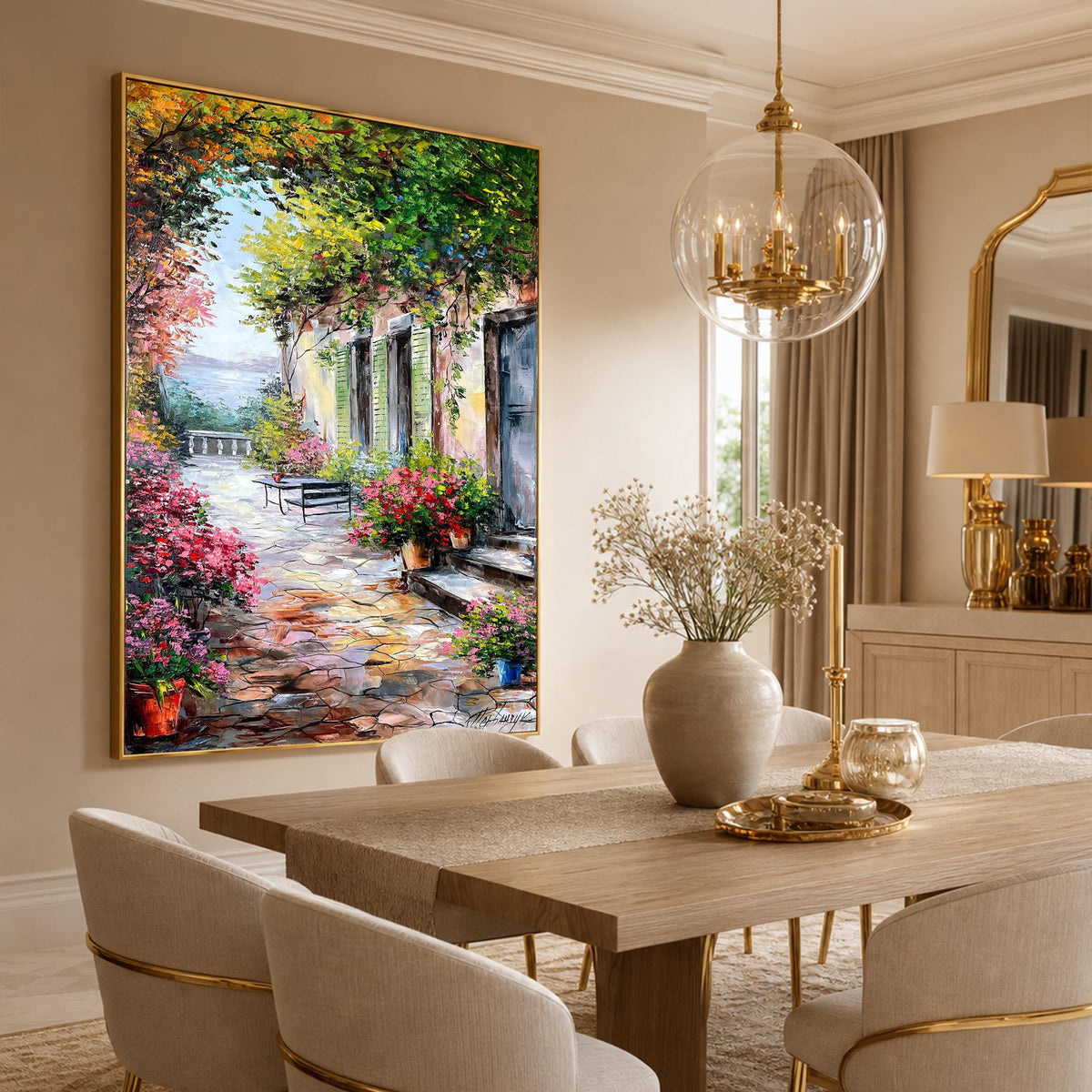 Framed Tuscan villa courtyard painting ready to hang wall art