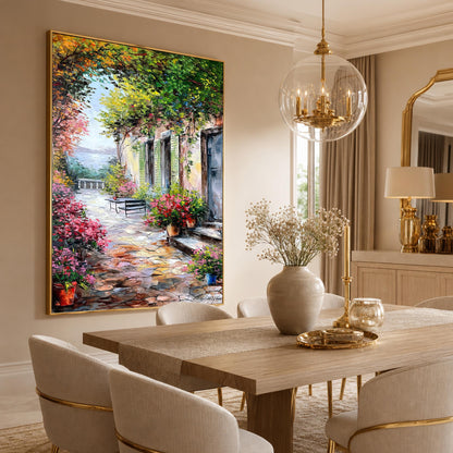 Framed Tuscan villa courtyard painting ready to hang wall art
