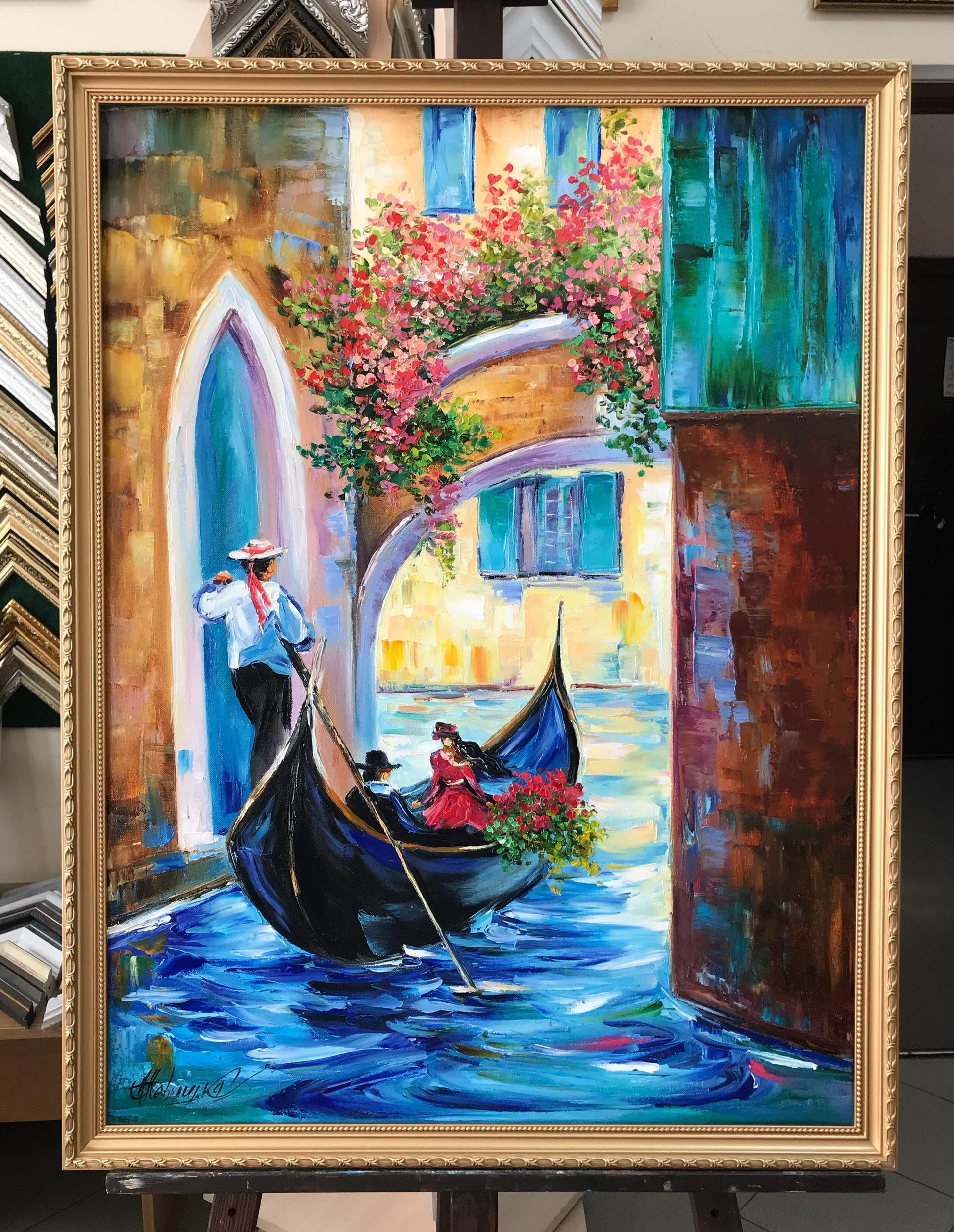  Framed Venice gondola painting with gold frame, ready to hang
