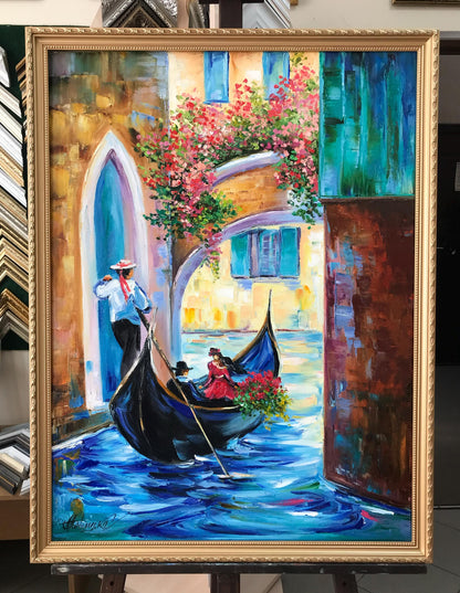  Framed Venice gondola painting with gold frame, ready to hang