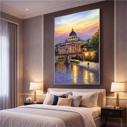 Framed artwork of a cityscape with a dome over a river in a bedroom setting.