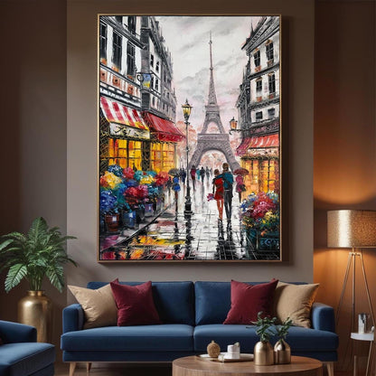 Framed rainy Paris street painting ready to hang wall art