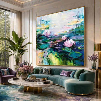 Framed water lily pond painting hanging in living room, gold frame