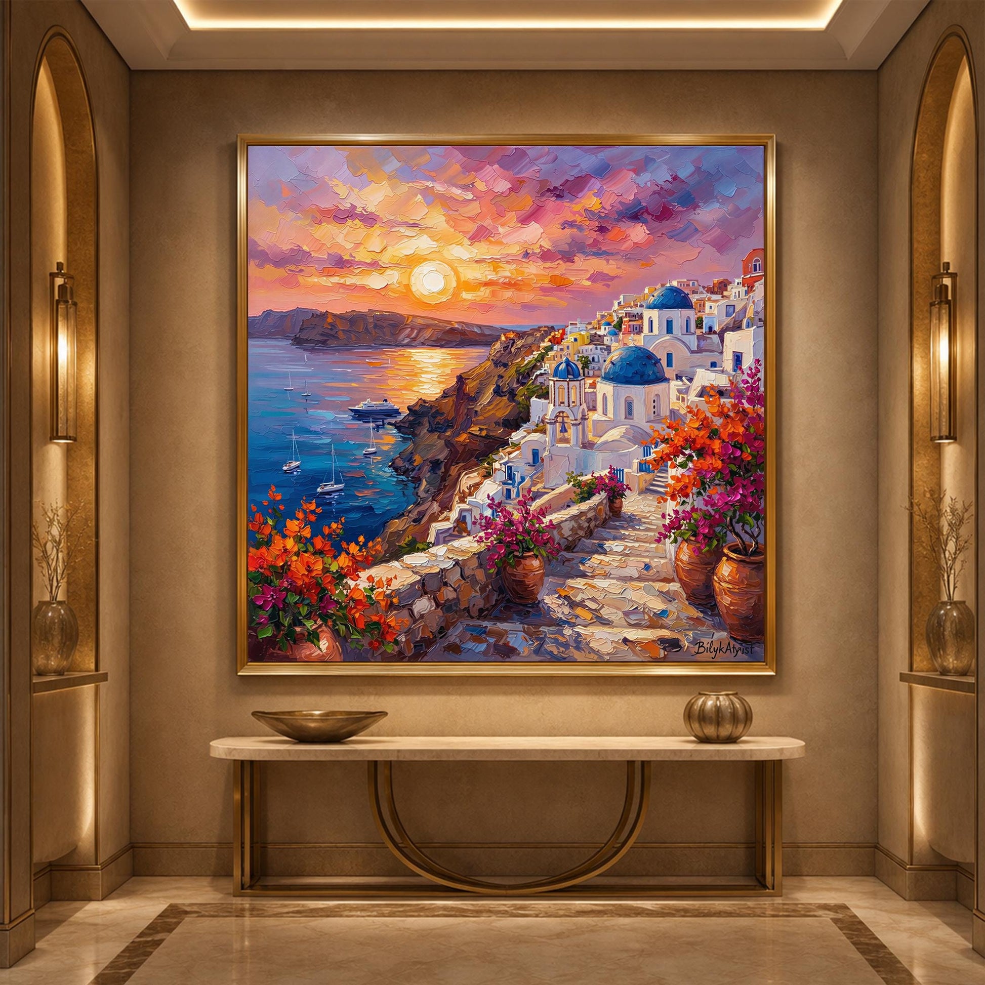 Greek houses bougainvillea wall art Santorini painting