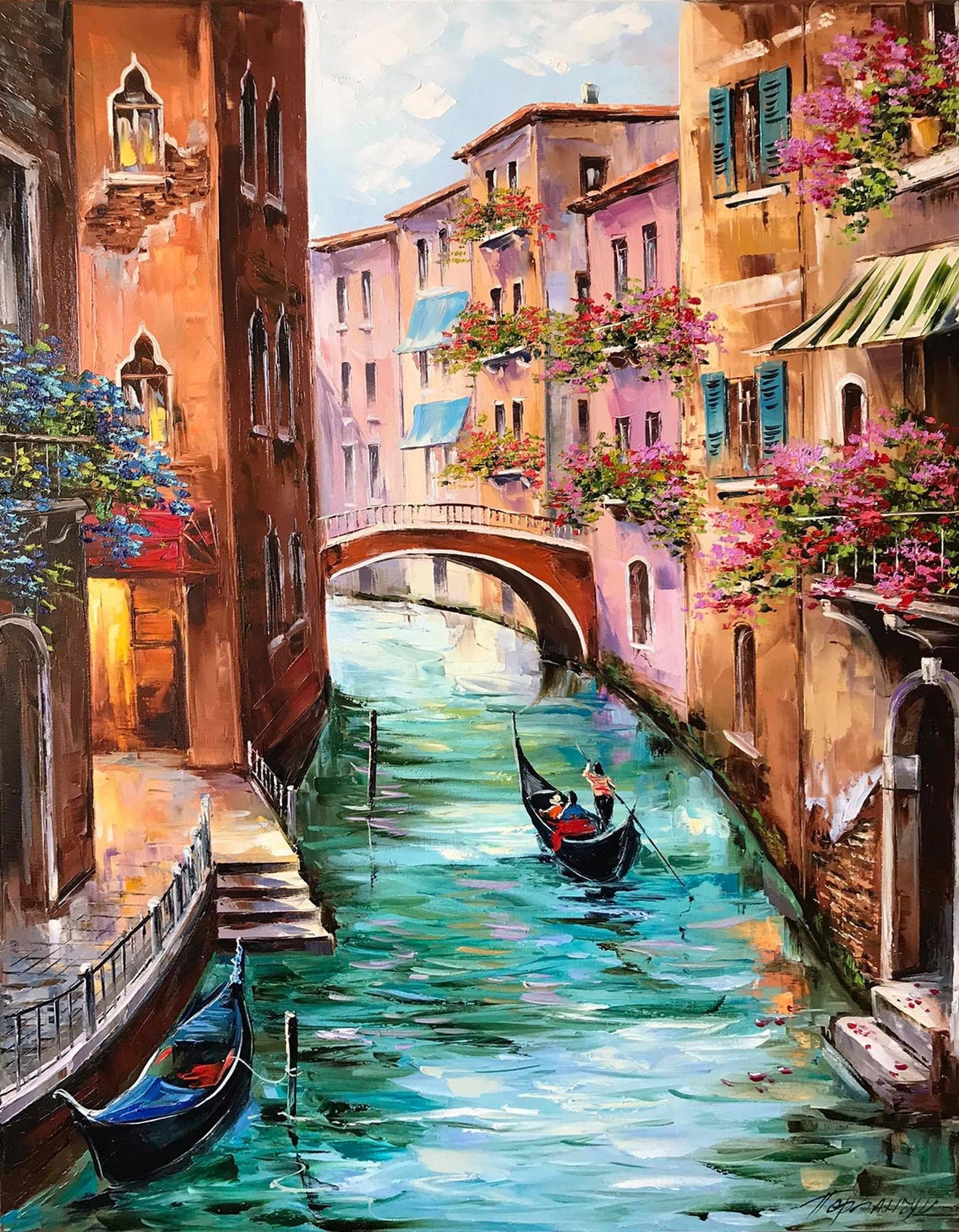 Hand-painted Venice gondola oil painting in Monet impressionist style
