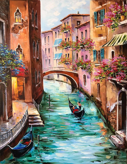 Hand-painted Venice gondola oil painting in Monet impressionist style