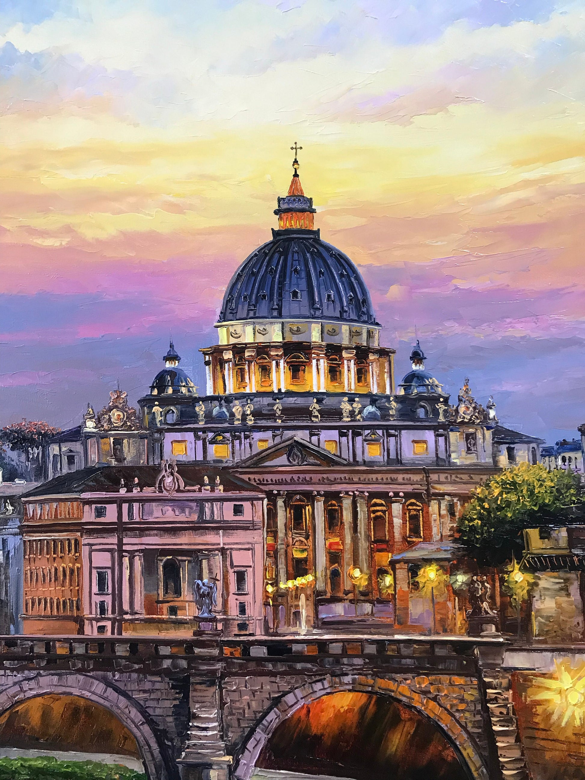 Hand painted Italian landscape wall art famous church in Italy painting texture detail