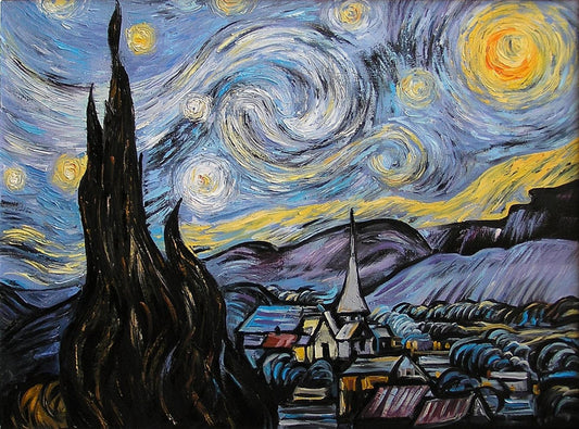 Hand painted Van Gogh Starry Night oil painting on canvas with swirling night sky