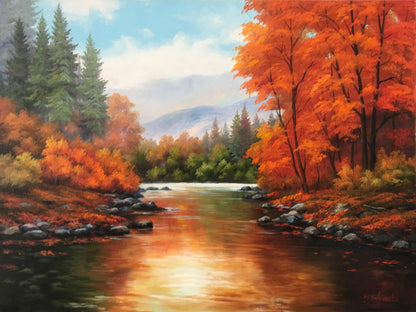 Hand painted autumn landscape oil painting of a fall river with golden trees on canvas