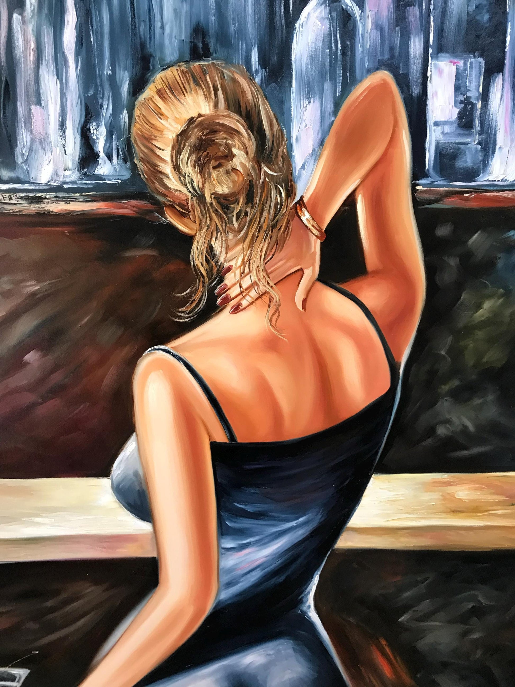 Handmade Oil Painting Sensual Woman Blue Dress Signed Original BilykArt