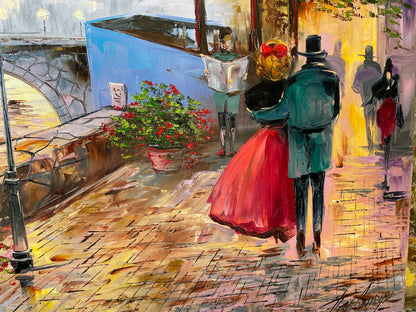 Night In Paris Painting on Canvas, Parisian Wall Decor, Couple Walking in Paris Painting, Eiffel Tower Wall Art