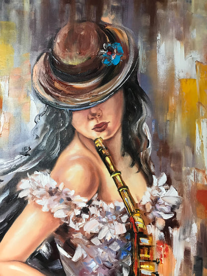 Woman Playing Saxophone Painting | Female Musician Jazz Wall Art | Original Abstract Saxophonist Oil Painting Decor