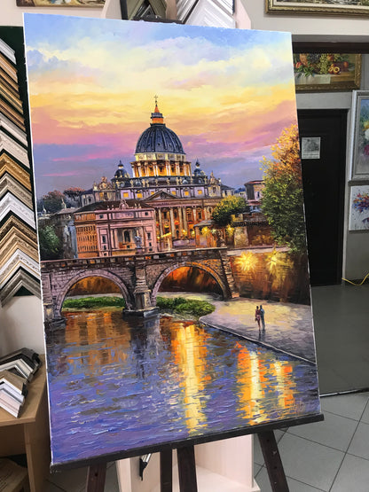 Evening in Rome Oil Painting on Canvas Rome Italy Canvas Wall Art Italy Landscape Painting Framed Italian Artwork