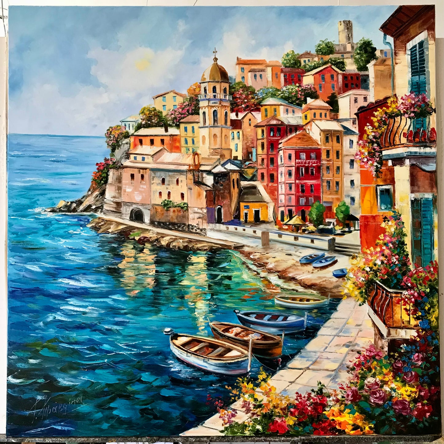 Vernazza Cinque Terre Oil Painting | Original Famous Italian Coastal Village Wall Art, Italy Coast Artwork