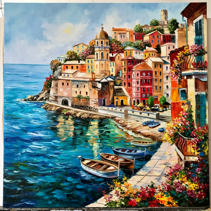 Vernazza Cinque Terre Oil Painting | Original Famous Italian Coastal Village Wall Art, Italy Coast Artwork
