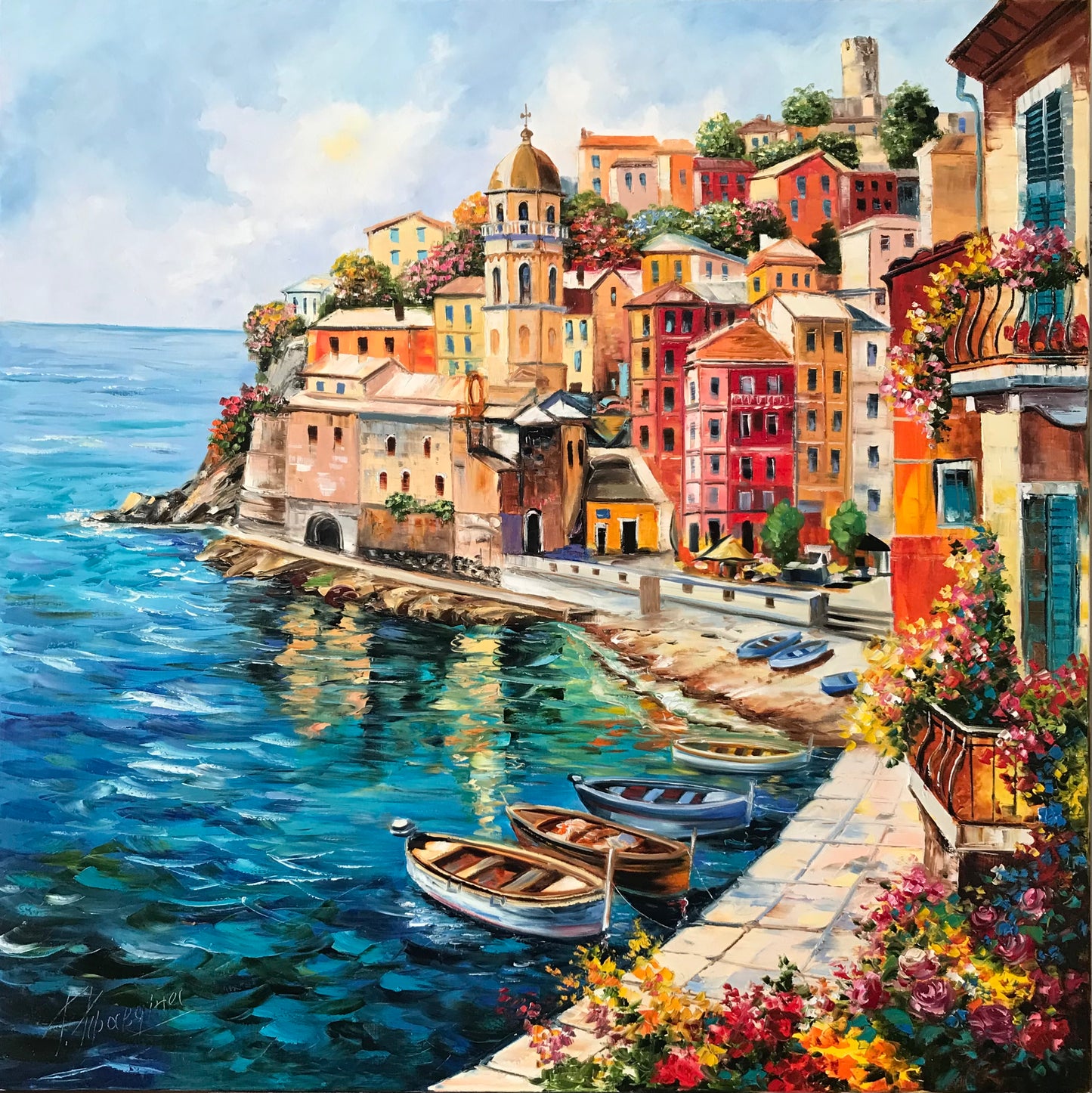 Vernazza Cinque Terre Oil Painting | Original Famous Italian Coastal Village Wall Art, Italy Coast Artwork