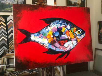 Large Abstract Fish Oil Painting Original Red Fish Wall Art Work Abstract Tropical Fish Wall Decor Fisherman Gift Extra Large Fish Painting