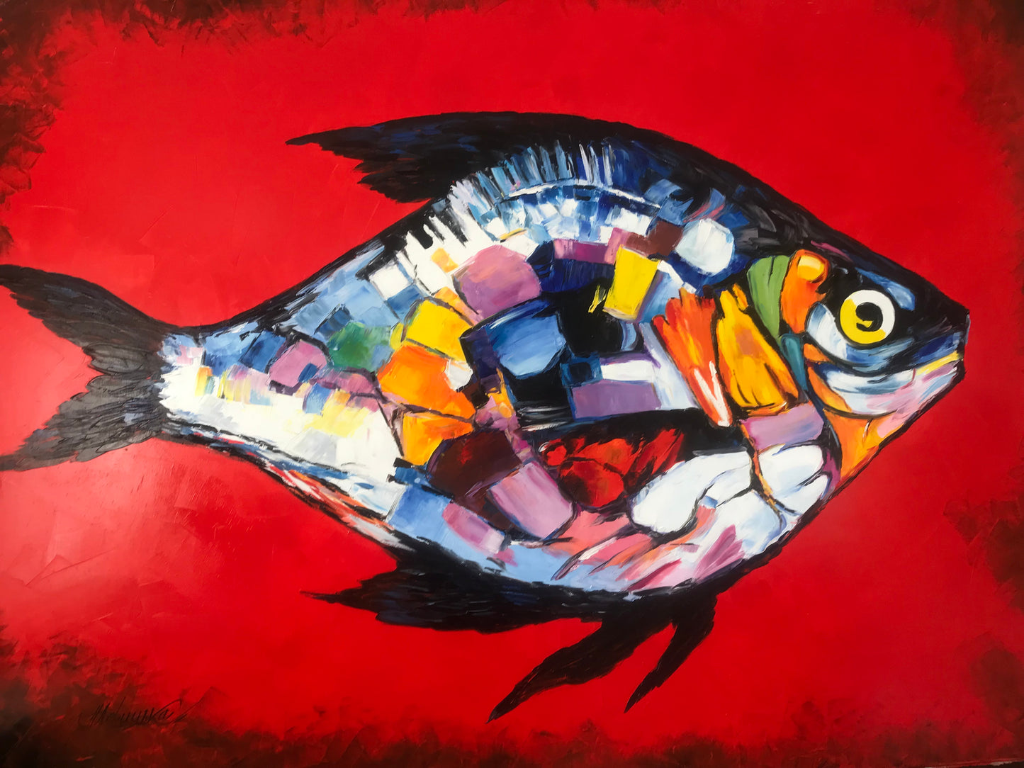 Large Abstract Fish Oil Painting Original Red Fish Wall Art Work Abstract Tropical Fish Wall Decor Fisherman Gift Extra Large Fish Painting