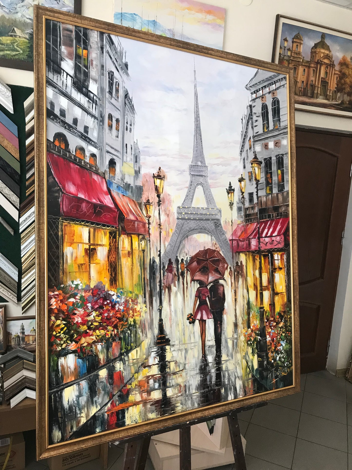 Couple Walking in Paris Oil Painting Original | Rainy Day Paris Street Scene, Red Umbrella Art
