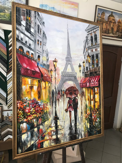 Couple Walking in Paris Oil Painting Original | Rainy Day Paris Street Scene, Red Umbrella Art