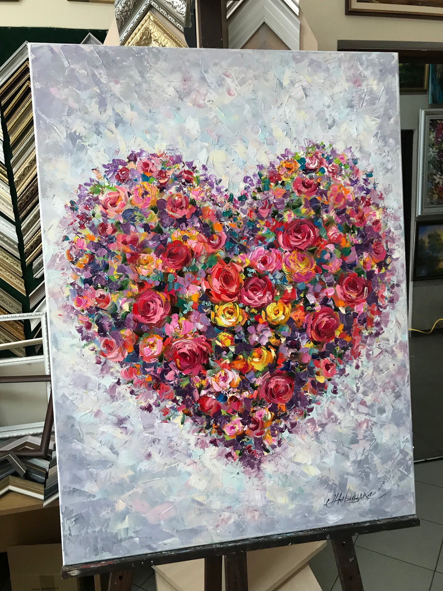 Flower Heart Painting Original Floral Heart Art Romantic Painting Red Flowers Canvas Wall Art Abstract Heart Oil Painting