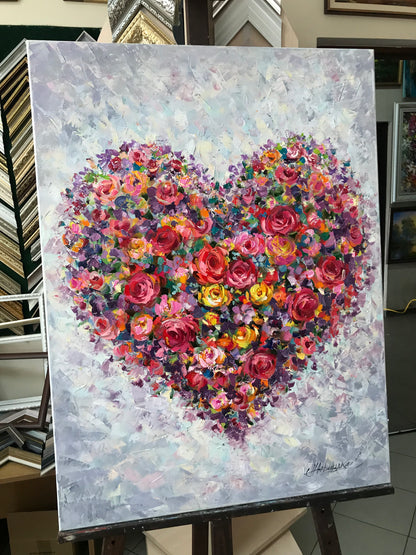 Flower Heart Painting Original Floral Heart Art Romantic Painting Red Flowers Canvas Wall Art Abstract Heart Oil Painting