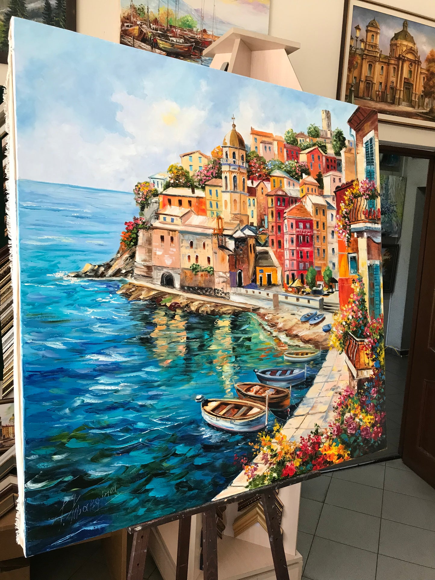 Vernazza Cinque Terre Oil Painting | Original Famous Italian Coastal Village Wall Art, Italy Coast Artwork