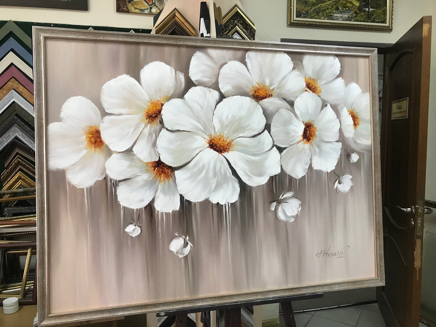 Abstract Flower Oil Painting Large White Flowers Wall Art Modern Floral Artwork Over Bed Art Decor Luxury Flower Painting Above Couch Wall Art
