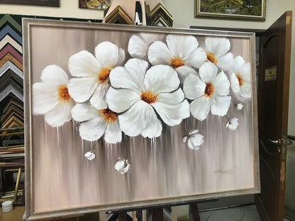 Abstract Flower Oil Painting Large White Flowers Wall Art Modern Floral Artwork Over Bed Art Decor Luxury Flower Painting Above Couch Wall Art