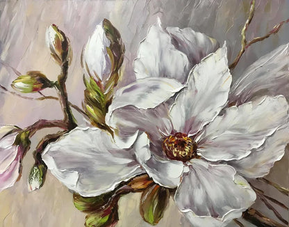 White Magnolia Painting Original Beige Flower Wall Art Single Flower Painting Magnolia Art Extra Large Flower Paintings on Canvas