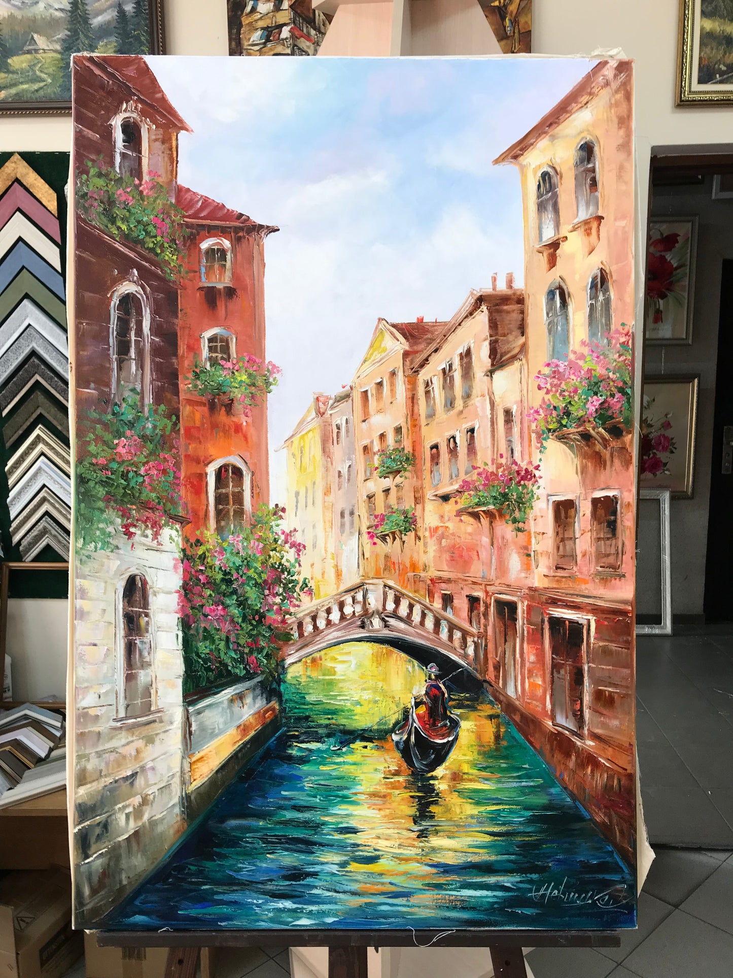 Large Venice Oil Painting Original Italy Canvas Art Gondola Boat Painting Europe Italy Wall Art Framed Venice Grand Canal Oil Painting
