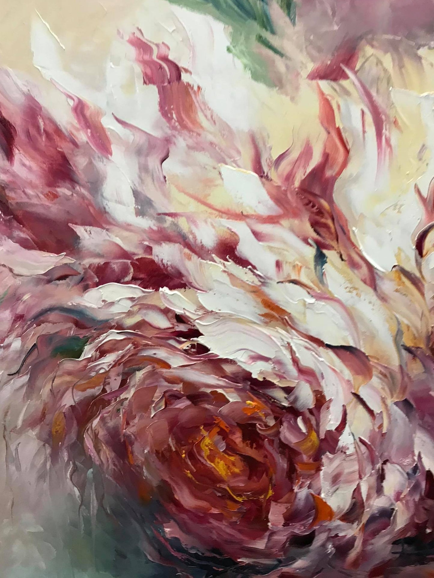 Impressionistic oil painting of a close-up floral scene with layered petals in pink, mauve, cream, burgundy, and touches of orange and green.