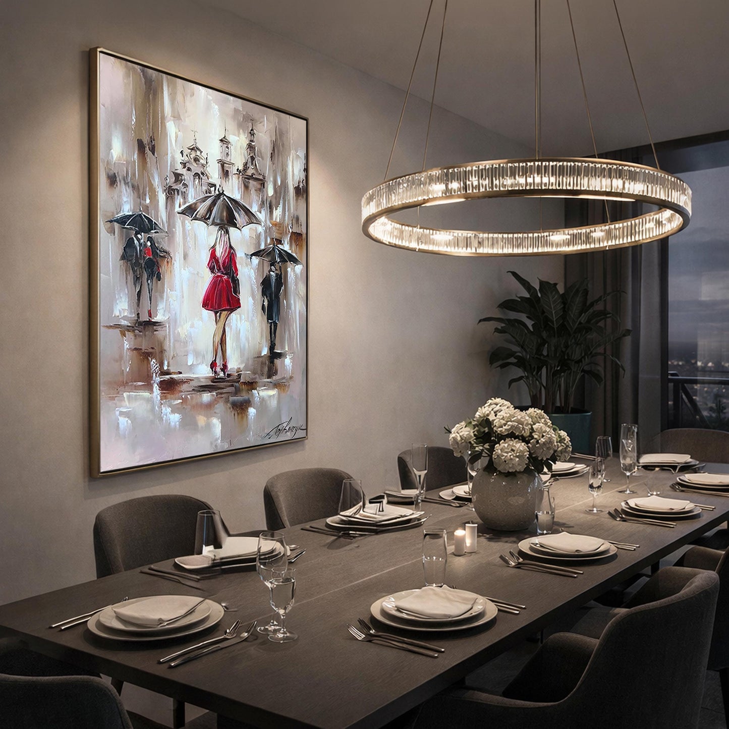  Lady in red umbrella canvas painting framed in gold, ready to hang