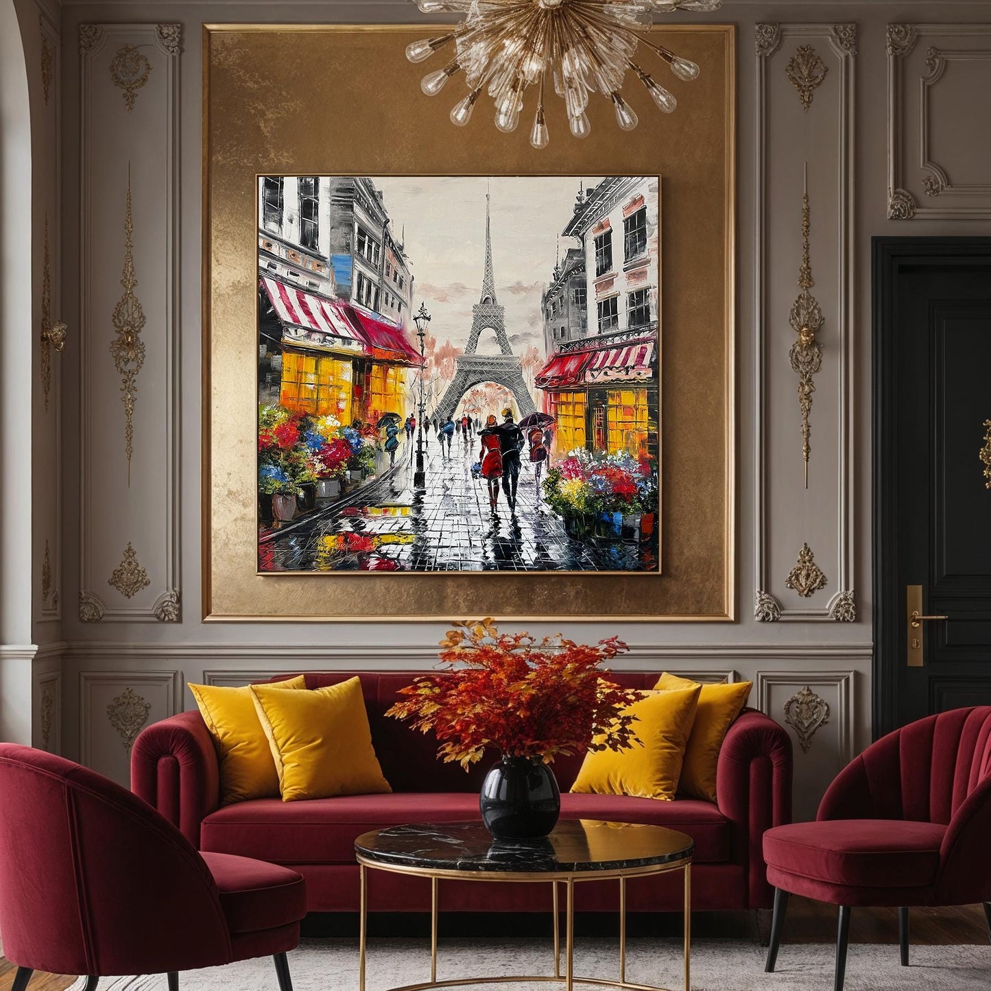 Large Paris romance painting displayed above bed
